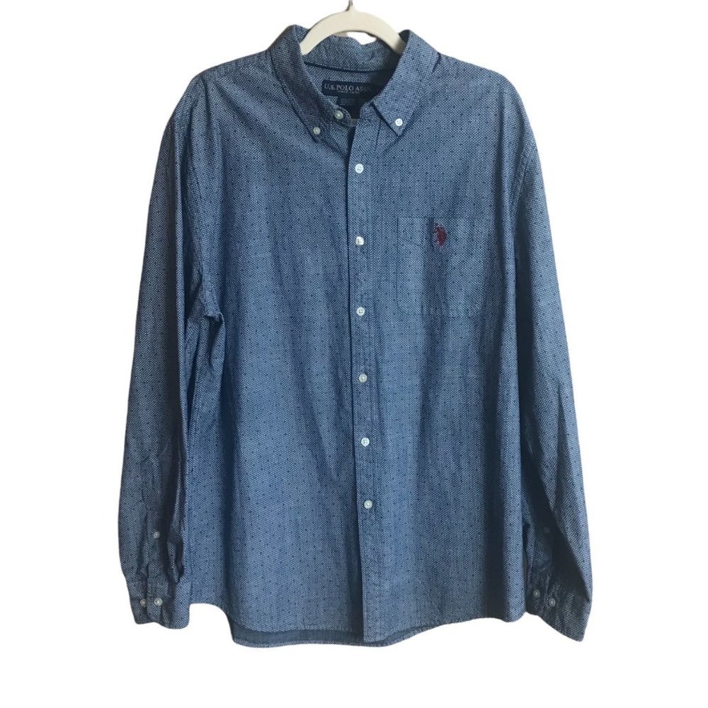 U.S. POLO ASSN. Men Sz Large Button Down Long Sleeve Blue 100% Cotton Micro Dots